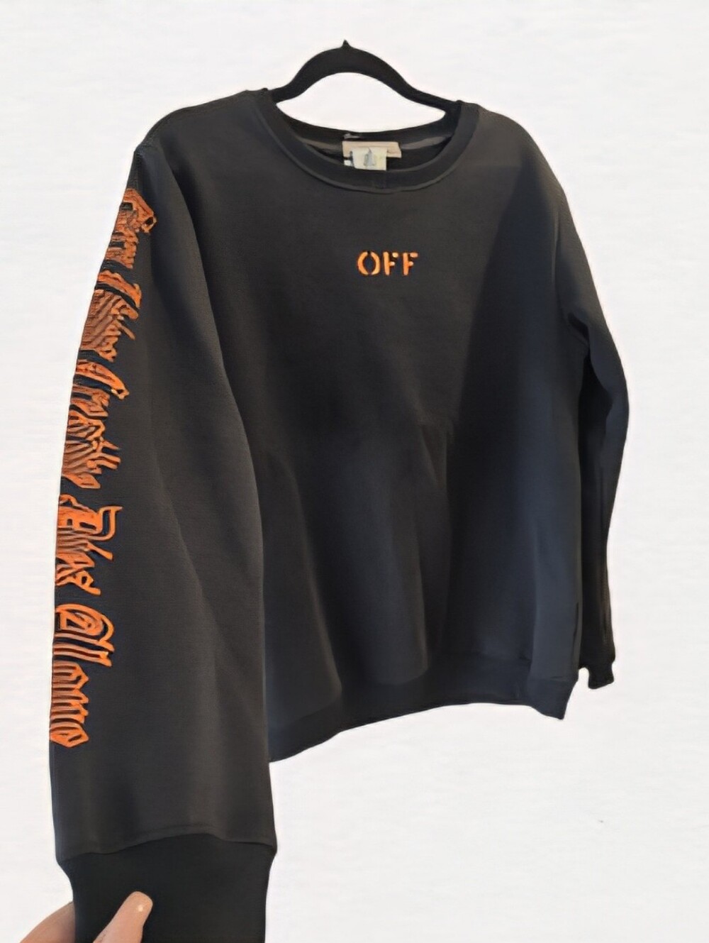Off-White Black Crewneck Sweater with Orange Sleeve Script